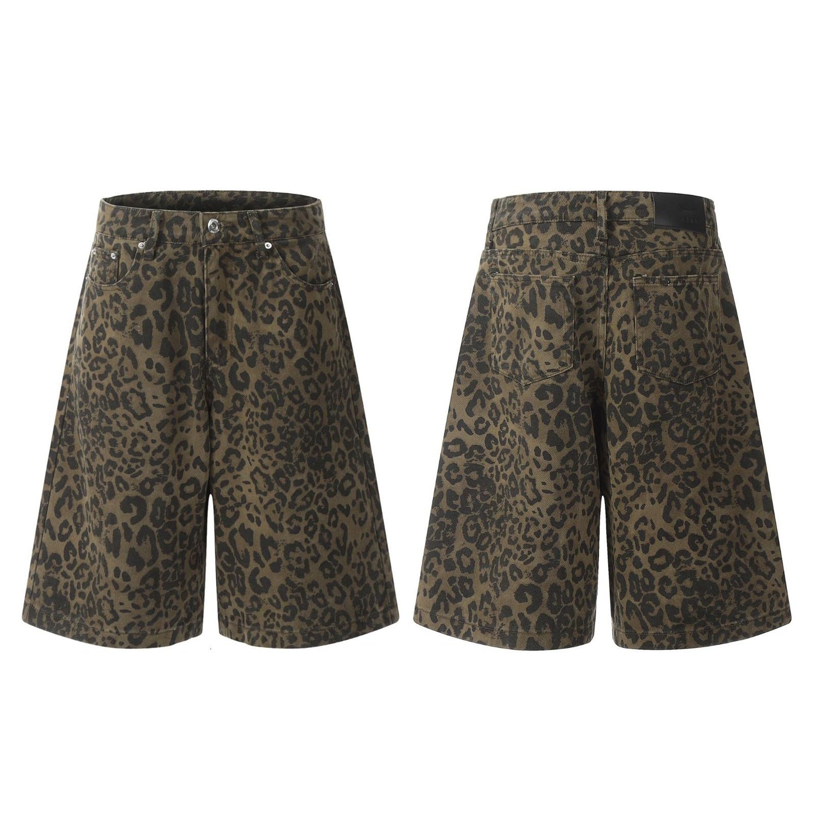 Short bermuda en jean à imprimé léopard pour femme - Taille mi-haute avec poignets rabattables