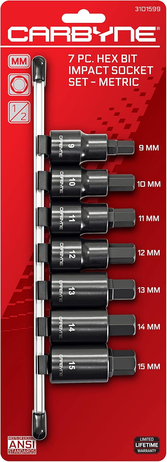 CARBYNE 7-Piece Metric Hex (Allen) Bit Impact Socket Set, S2 Steel Bits, 1/2 in. Drive, 9mm to 15mm, Manganese Phosphate Finish