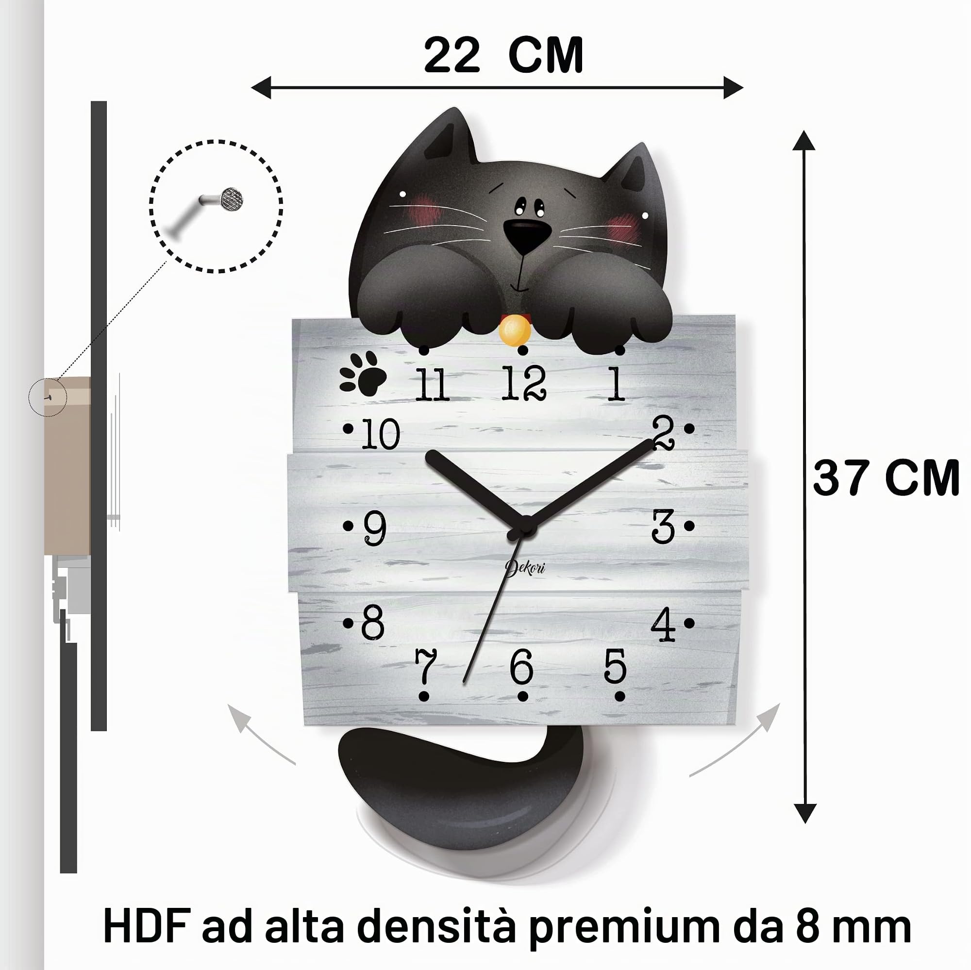DEKORI Orologio da Parete con Pendolo – Design Gattino Nero, Silenzioso, Artigianale, in Legno per Cucina, Cameretta o Casa, 37x22 cm