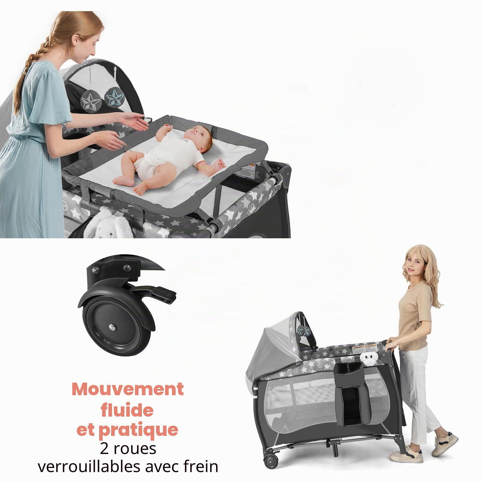 LIFEZEAL Lit Parapluie Bébé avec Matelas et Table à Langer, Cododo Bébé Evolutif avec Jouets et Moustiquaire, Lit Pliant avec Sac de Transport, Charge de 15 KG, 0-36 Mois (Girs)