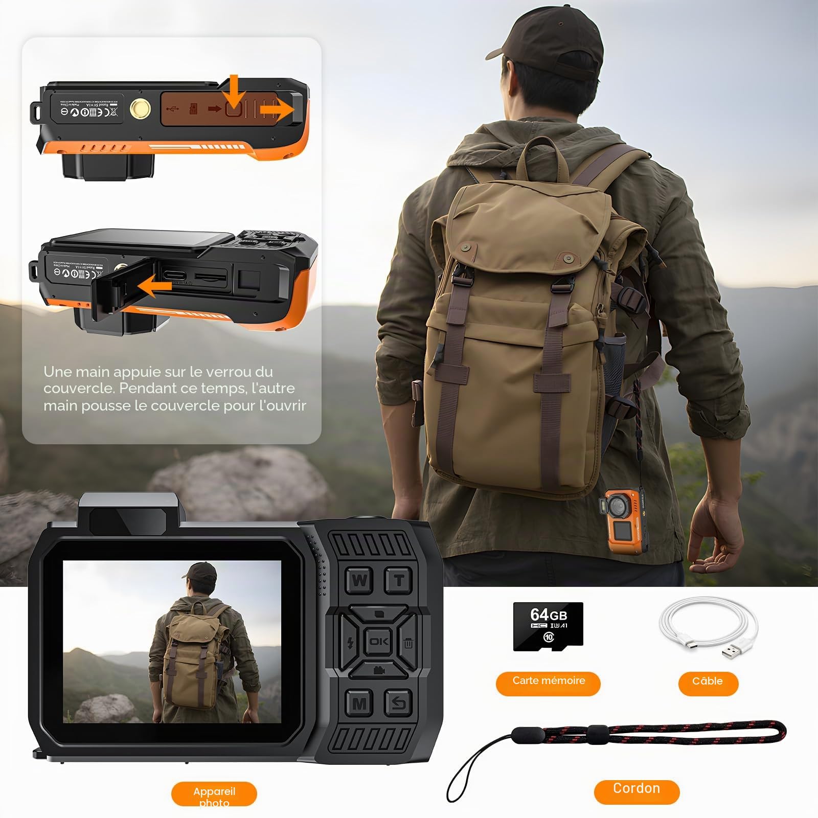 Appareil photo numérique 8K UHD 70 MP WiFi avec carte de 64 Go robuste, étanche, résistant à la poussière, aux chocs, caméra sous-marine de 10 m, double écran pour selfie, autofocus et prise de vue