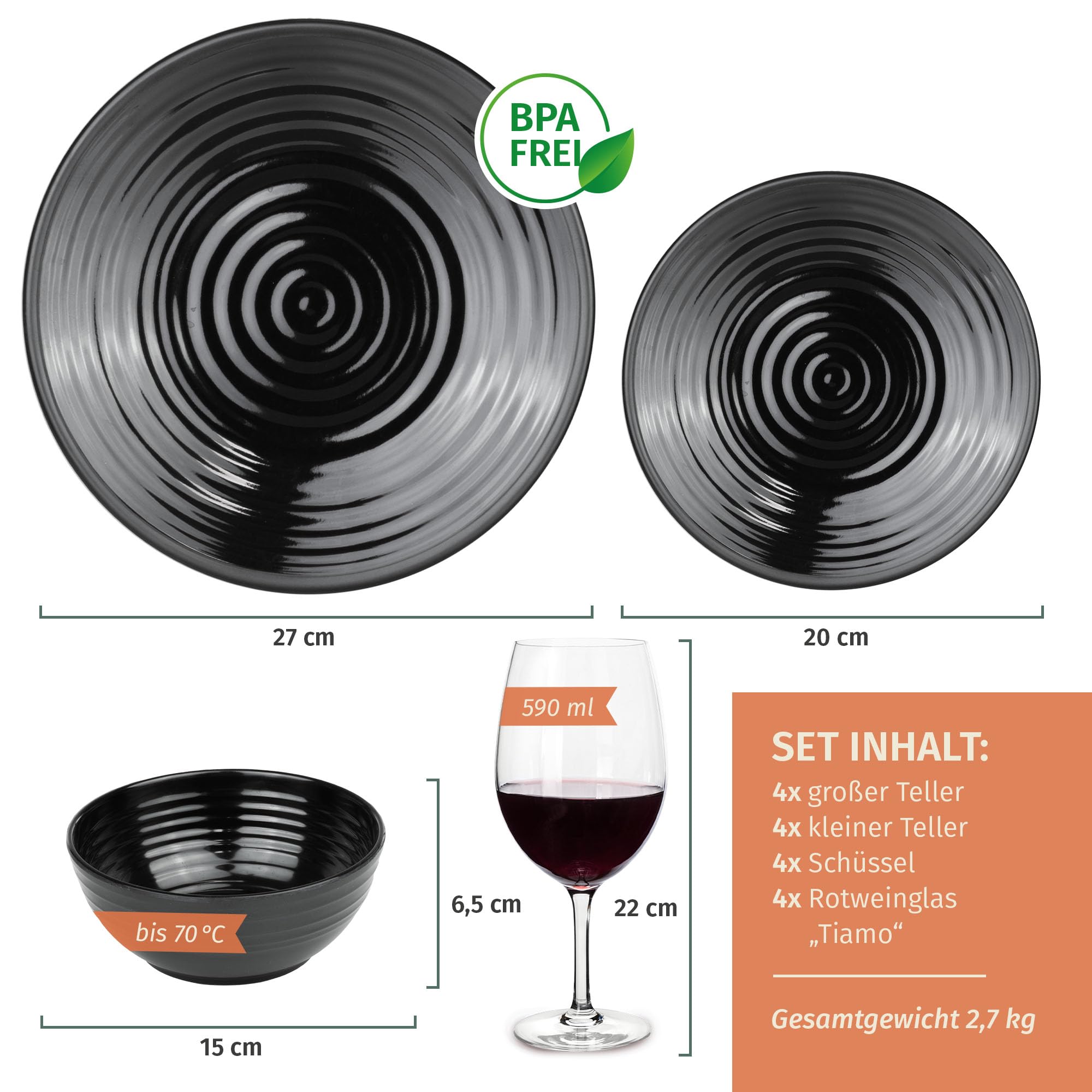 Juego de vajilla de melamina para camping, 4 personas, color negro oscuro + 4 vasos de vino tinto Timo, copas de vino rojo, vajilla de pícnic, barbacoa