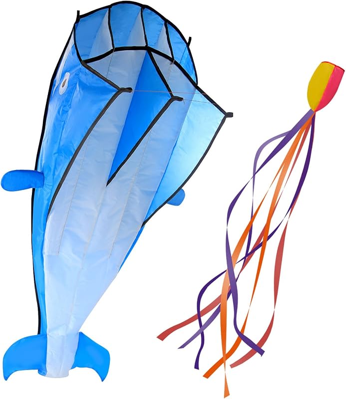 IMAGE Large 3D Blue Black Red Orange Dolphin Kite for Adult, 82.67in*10.62in Frameless Soft Parafoil Giant Kite Easy to Fly Beginners and Perfect for the Beach, Family Activity