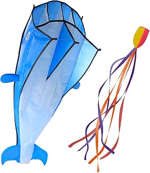 IMAGE Large 3D Blue Black Red Orange Dolphin Kite for Adult, 82.67in*10.62in Frameless Soft Parafoil Giant Kite Easy to Fly Beginners and Perfect for the Beach, Family Activity