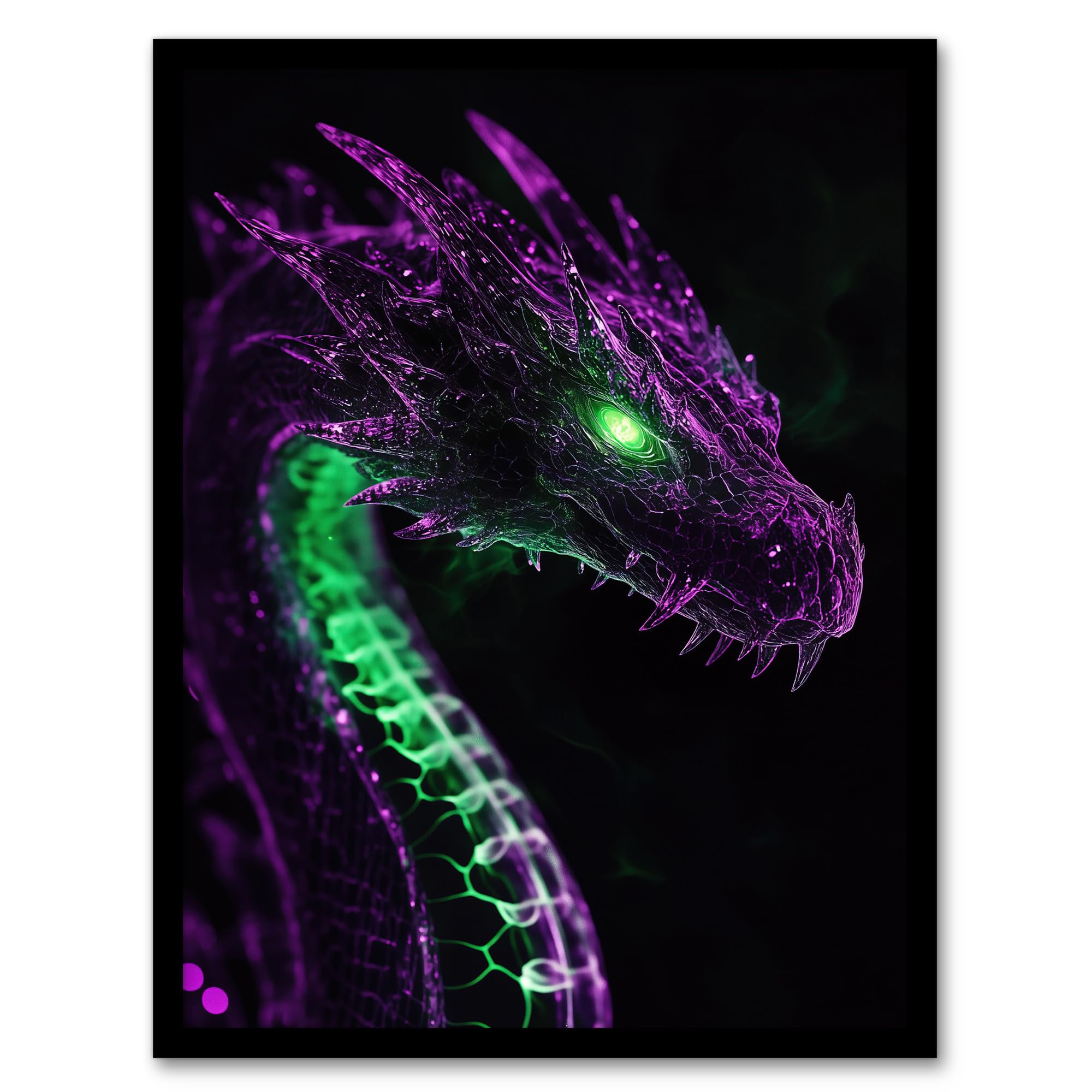 Artery8 Dragon Head Neon Purple Green Fantasy Concept Art Living Room Artwork Framed Wall Art Print 18X24 Inch