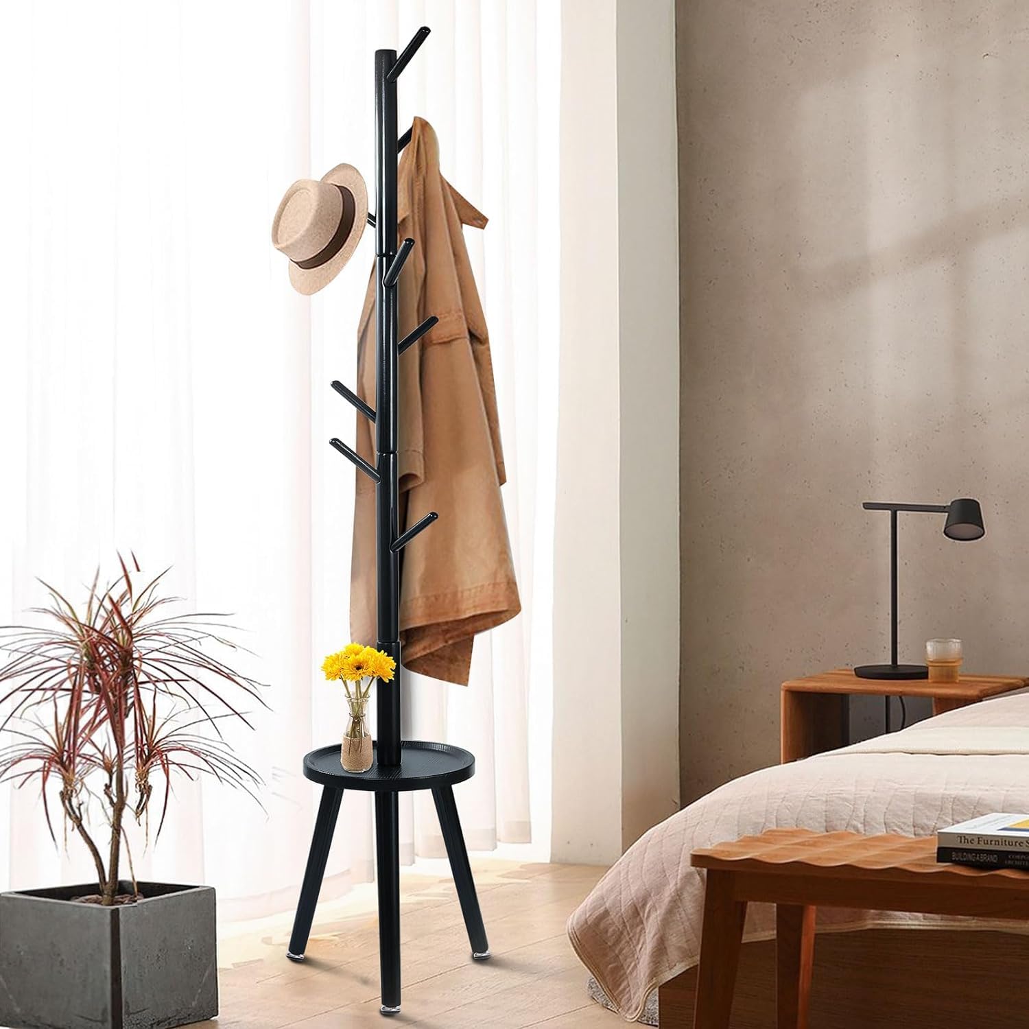 Bodengarderobe, Garderobenständer Moderne Garderobe Freistehende Garderobe aus Holz mit Ablage Garderobenbaum mit Haken Kleiderbügelständer für den Büroeingangsbereich Garderobenständer
