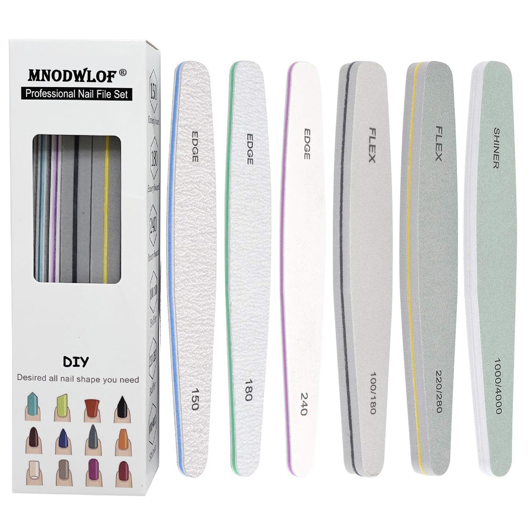 MNODWLOF Nail File, Gel nail file Set Professional Nail Buffer File Block Natural Manicure File Nail Polisher Washable Double Sided Grit 100/150/180/220/240/280/1000/4000 Buffer