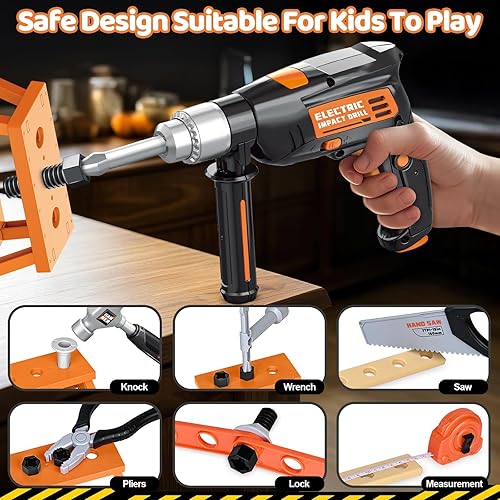 Miniatura 7 de OCHIDO Juego de herramientas para niños con caja de herramientas y taladro de juguete electrónico, 41 piezas de herramientas para niños pequeños,