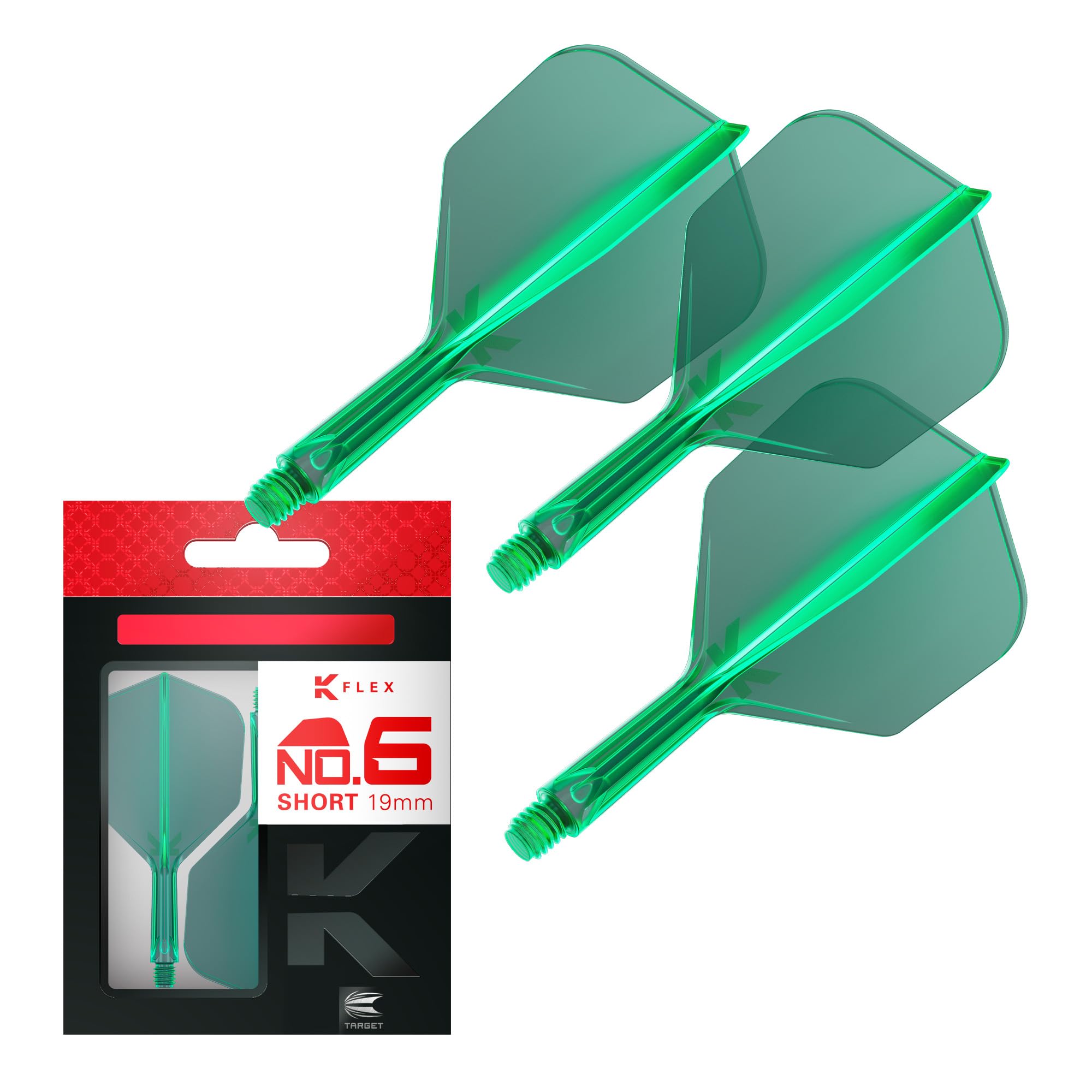 Target Darts K-Flex Integrated Flights and Shafts, Green, Short Stem (19mm), No.6 Flight, Set of 3 Stems
