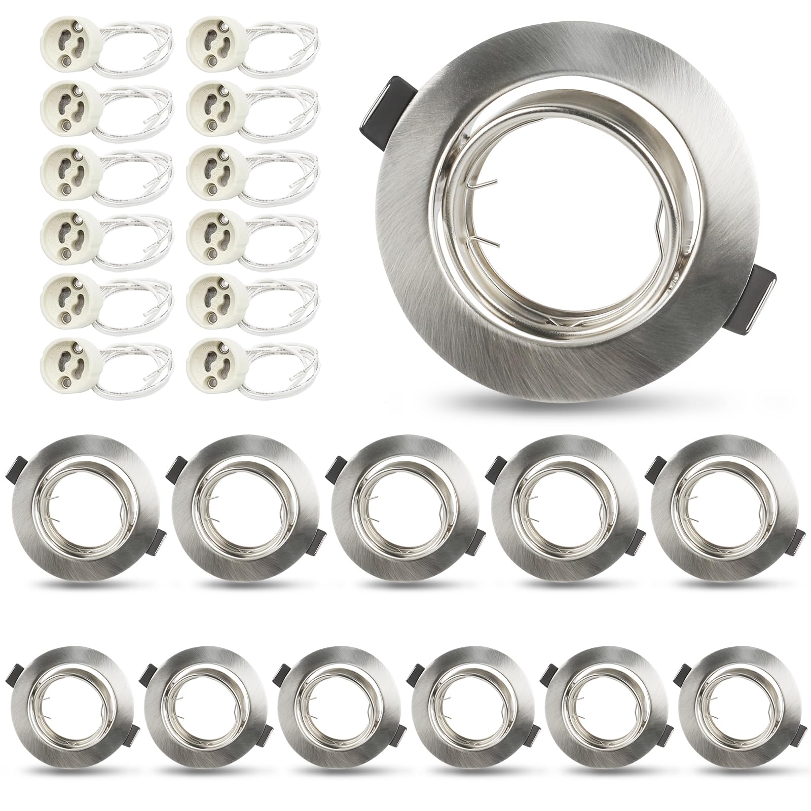 12x Marco Foco Empotrable GU10 – Ojos de Buey Orientables 30°, Foco LED Empotrable 10 cm con Portalámparas GU10, Acabado Cromado Cepillado, Corte 68-80 mm