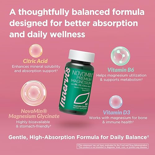 Miniatura 4 de Complejo de glicinato de magnesio 60 cápsulas con vitamina B6, D3, suplemento de ácido cítrico para músculos, huesos, sueño, energía