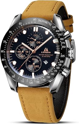 LN LENQIN Mens Watches Analog Quartz Watches for Men 30M Waterproof Men’s Wrist Watch with Date Leather Band No Chronograph
