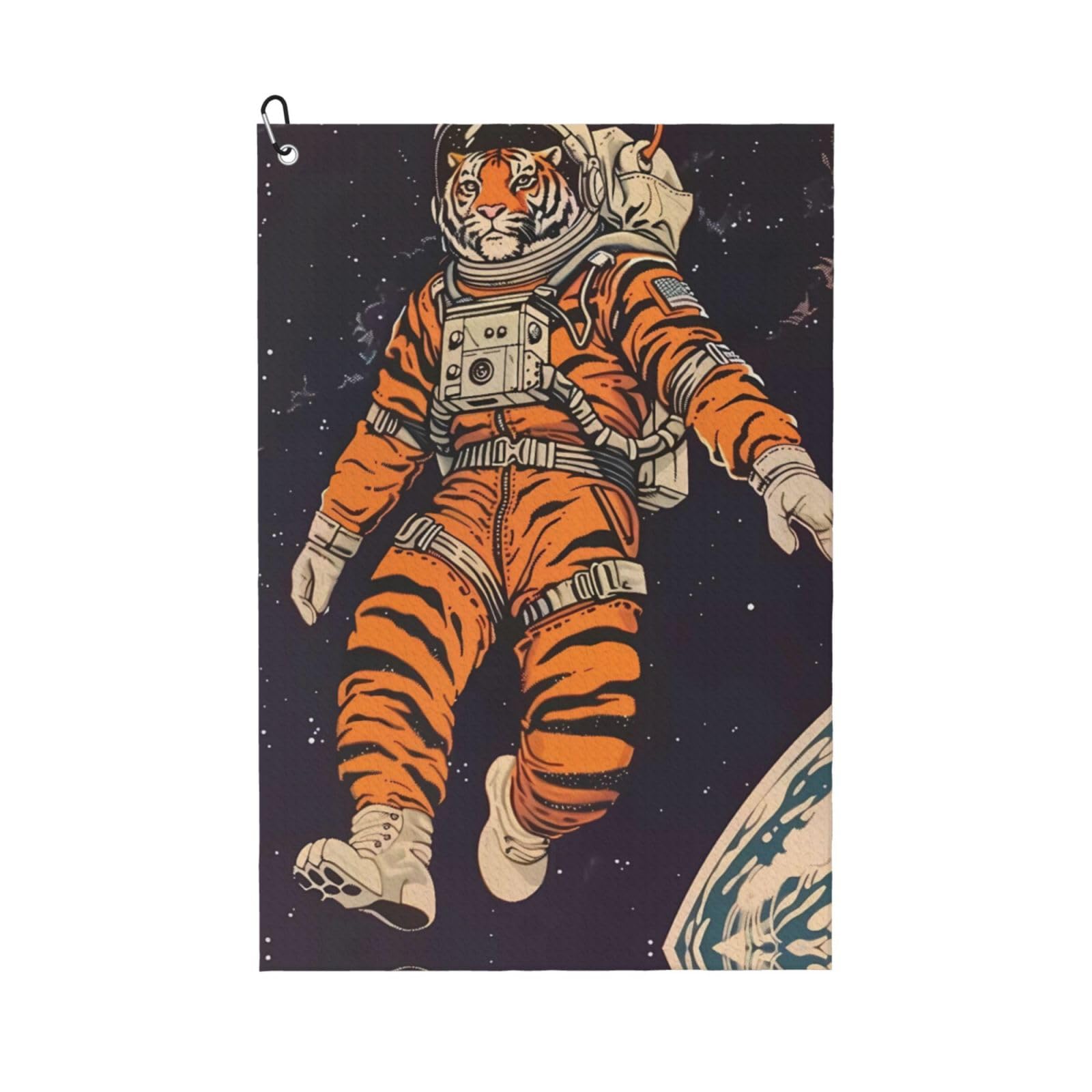 peiyeety Tiger Astronaut Microfiber Golf Towel with Carabiner Clip, 16x24 Inch Absorbent Waffle Weave Towel for Golf Bags