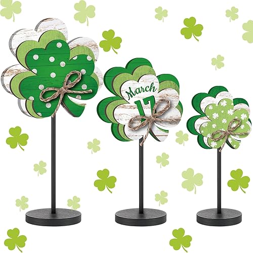 Burbell Juego de 3 piezas de trébol de madera del día de San Patricio, trébol de madera, letrero de mesa de pie, decoración irlandesa, centros de Burbell Juego de 3 piezas de trébol de madera del día de San Patricio, trébol de madera, letrero de mesa de pie, decoración irlandesa, centros de
