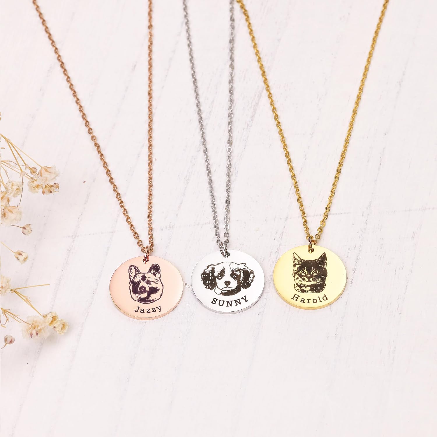 Customized Dog Portrait necklace, Personalized Cat Photo Picture Jewelry, Memorial Loss of a Dog Cat Gift for Mom Women Teen Girls Pet Lovers, Engraved Name, 18k gold plated, Custom Christmas Gifts