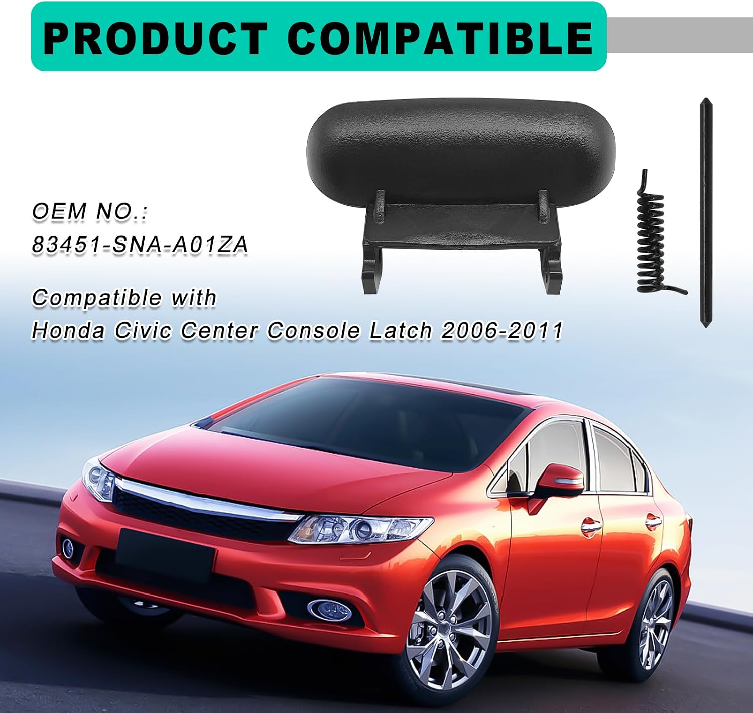 Black Plastic Center Console Latch,Armrest Cover Lid LatchReplacement,Armrest Cover Lid Lock with Mounting Rod and Spring,Replace 83451-SNA-A01ZA,Compatible with Honda Civic 2006-2011