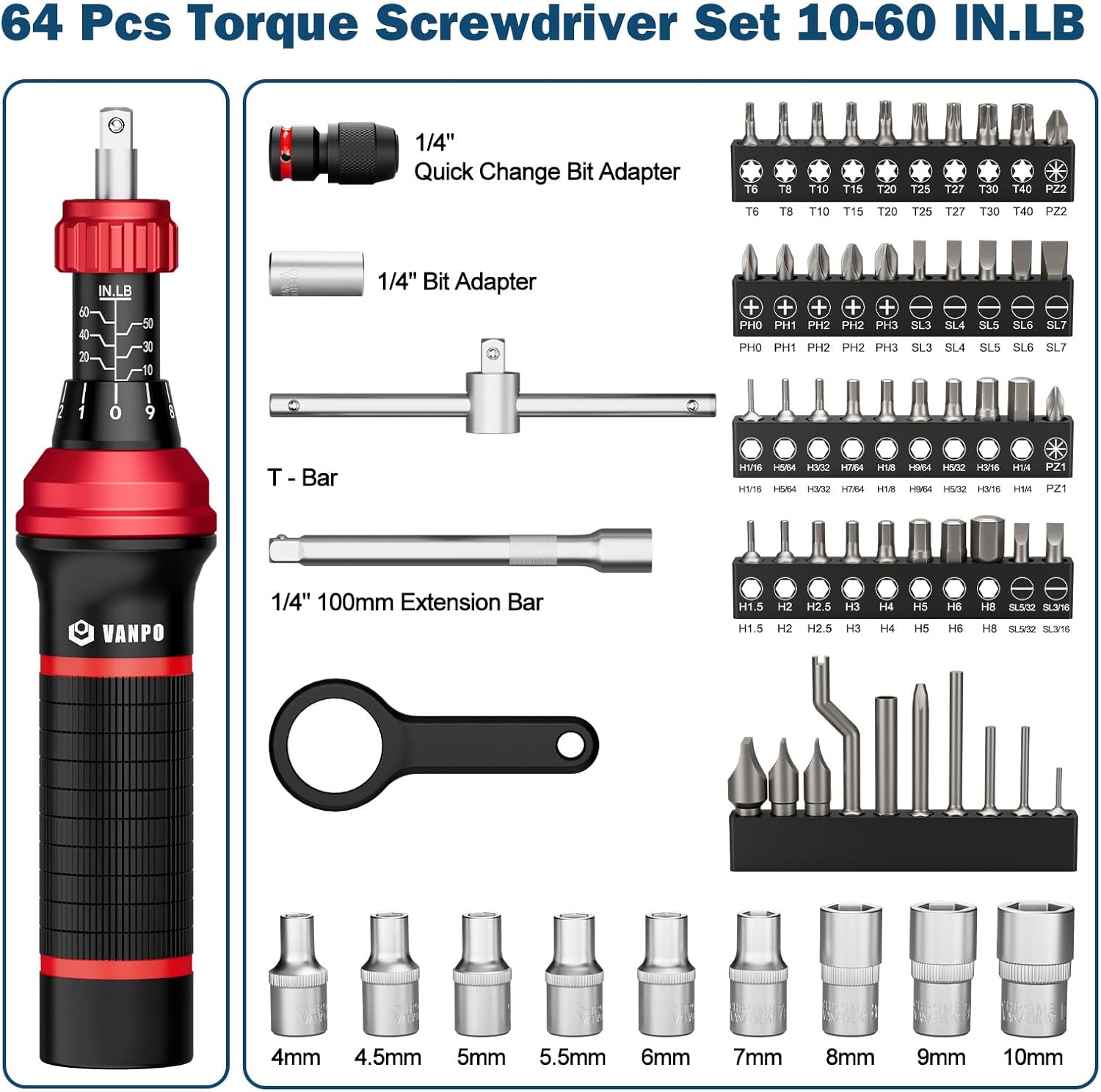 VANPO Torque Screwdriver Set, 10–60 in-lb, 64 Pcs 1/4" Drive Torque Wrench Screwdriver Kit with T-Bar & Flat, Hex, Torx, and S2 Bits for Scope, Electronics Assembly & Micro Device Repair