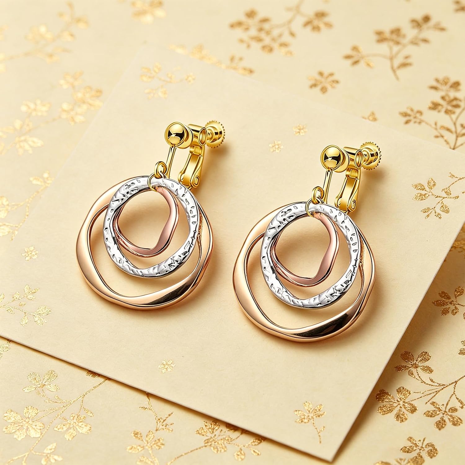 Silver Boho Circle Clip on Earrings for Women Lightweight 14K Gold Geometrical Round Statement Dangle Earrings Trendy Jewelry Accessories Gift
