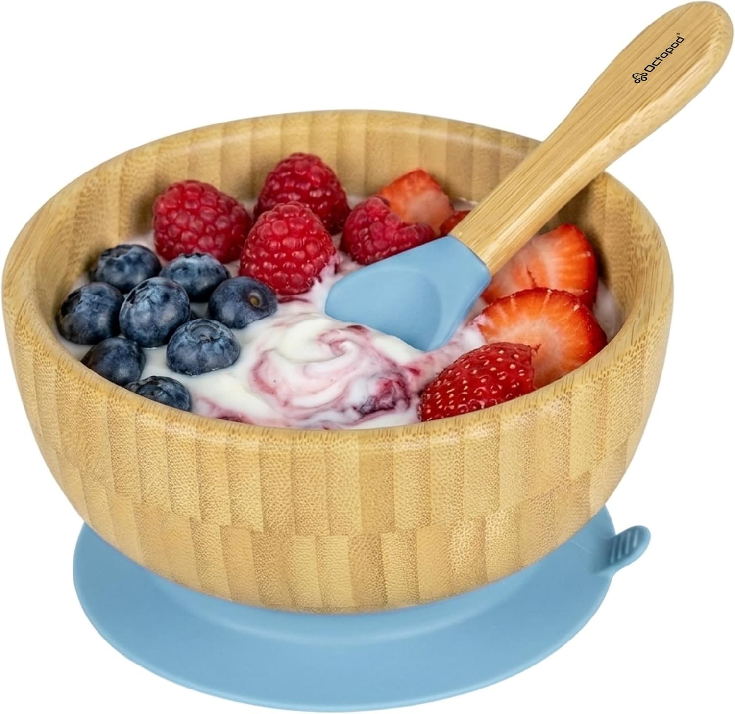 Abiie Octopod Bamboo Baby Bowl Set for 4 Months and Up – Mess-Free High Chair Suction Bowl with Spoon for Toddlers and Kids - Ergonomic Baby Feeding Essentials - 5.7" x 3" x 5.7" - Blue