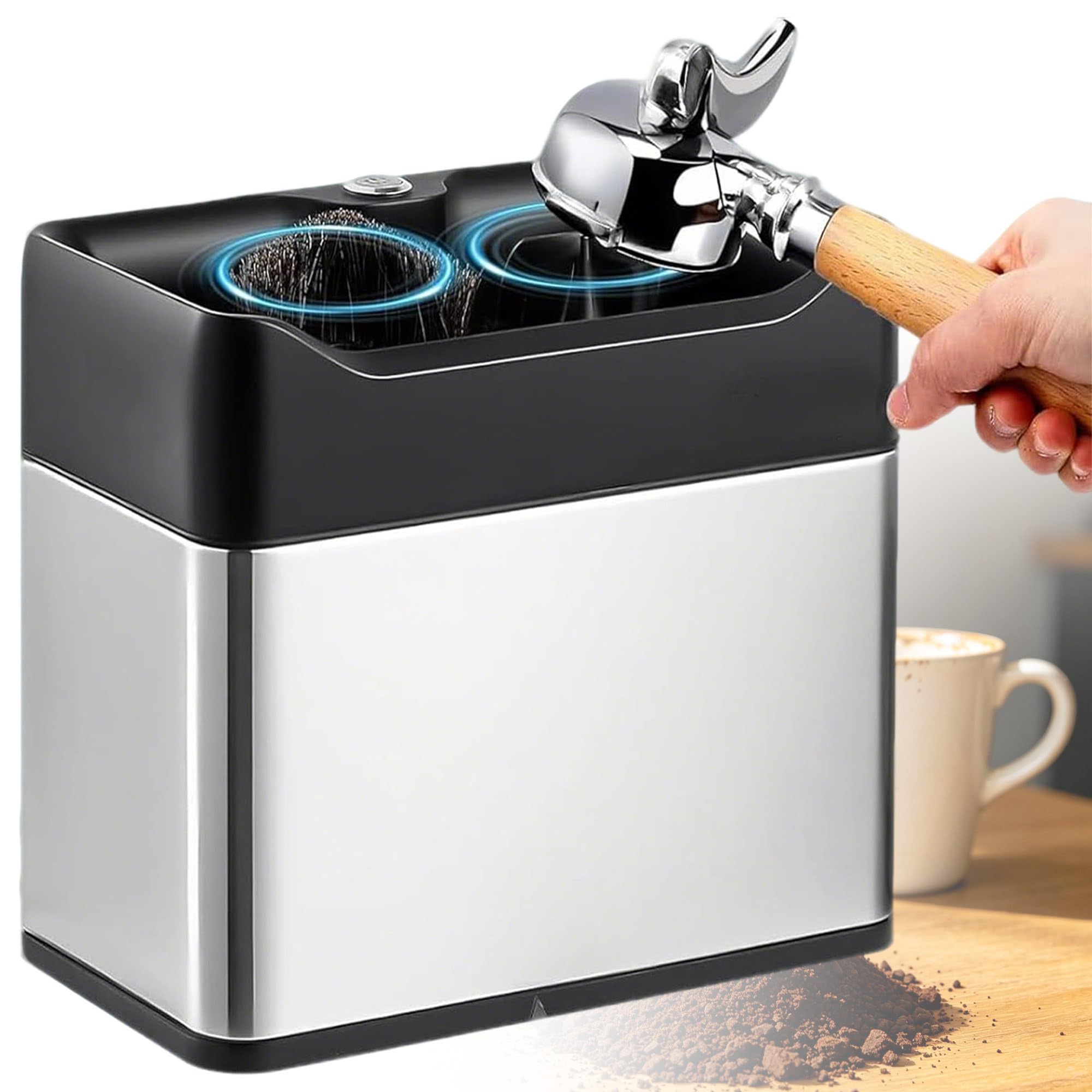 Raschietto per Fondi di caffè Elettrico Premium, Pulitore per Portafiltro Automatico da 3L con Doppie Spazzole ad Uso Alimentare, Mantiene la Tua Macchina per Espresso Pulita e Fresca Silver