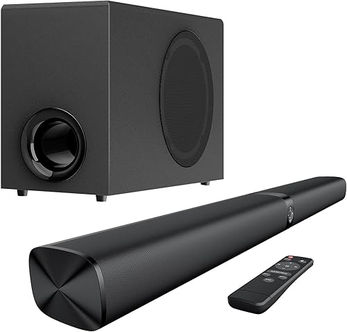 Barra de sonido con subwoofer, barra de sonido de 110 W con graves profundos ajustables y 3 modos de ecualización, conexión Bluetooth/ARC/Opt/AUX,