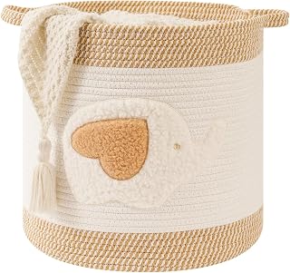 Large Blanket Baskets for Living Room Decor, Toy Storage Baskets Woven Cotton Rope Storage Basket for Kids, Dog Toys Organizer Clothes Hamper with Embroidery Decor for NurseryLaundry (Large, Elephant)