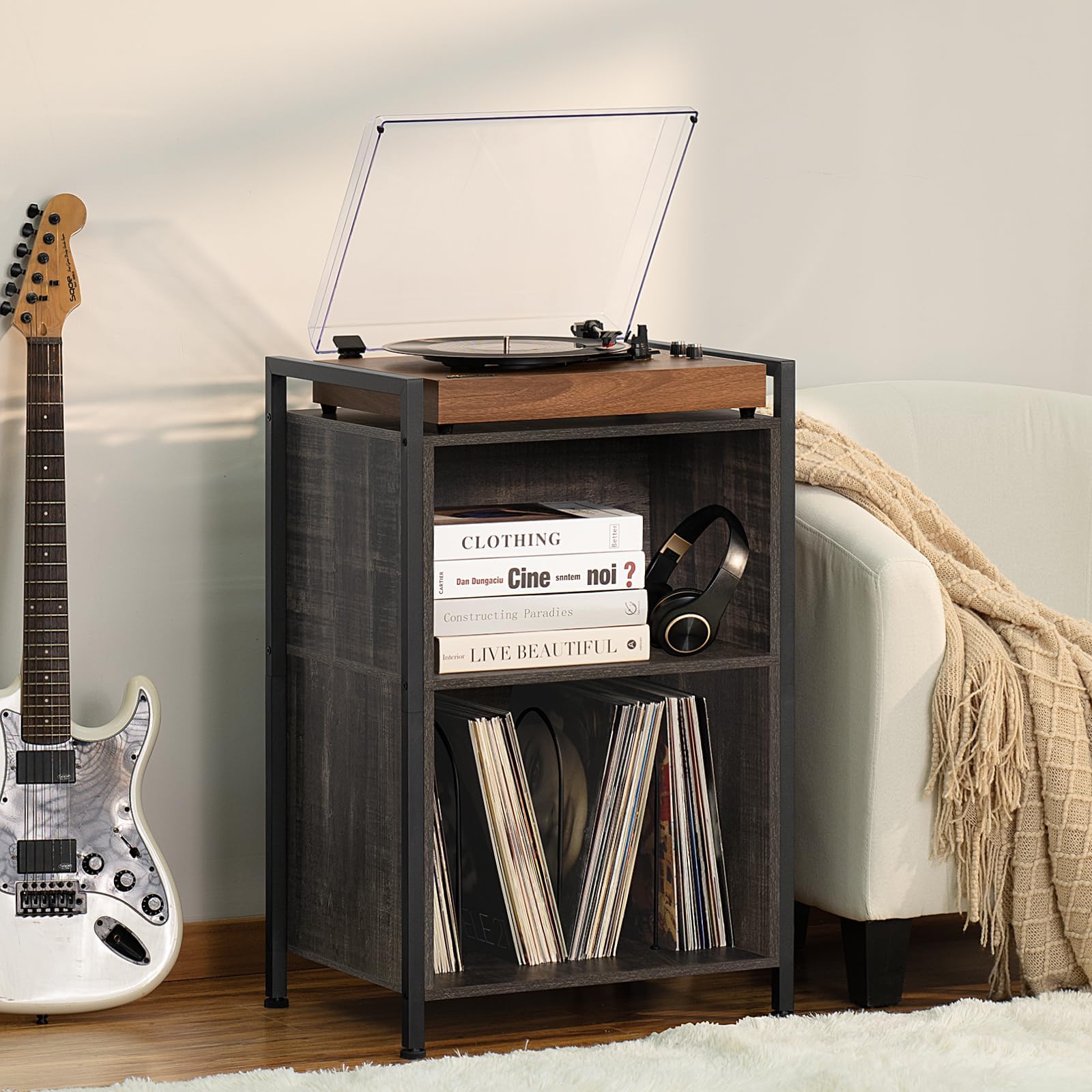 YAHARBO Turntable Stand, Record Player Stand, 3-Shelf Vintage Wood Grain Vinyl Record Holder with Storage, Vintage Record Stand Holds Up to 180 Albums, Record Table with Handle for Living Room, Bedroom, Office