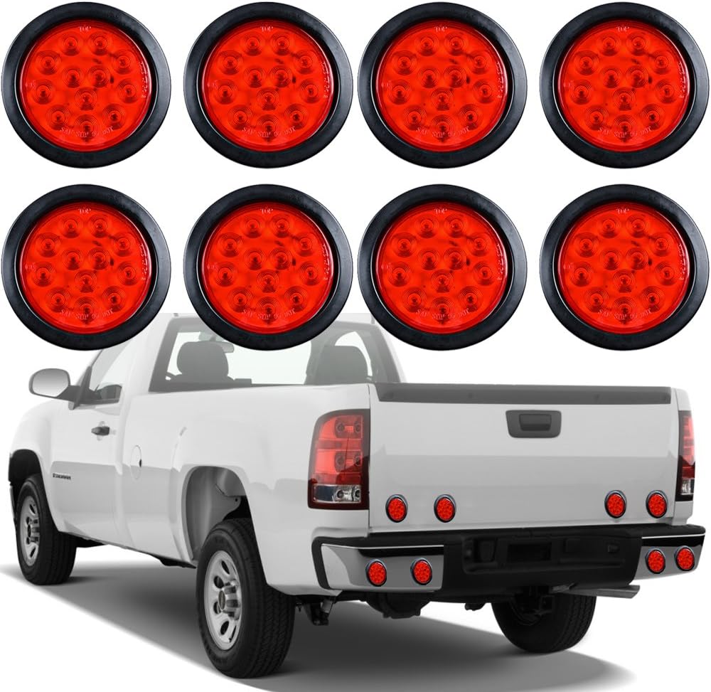 Astra Depot 8X Red Lens Red Light 12-LED 4" Round Brake Stop Tail Lamp Grommet Plug Kit Truck Trailer RV Long Vehicle 12V