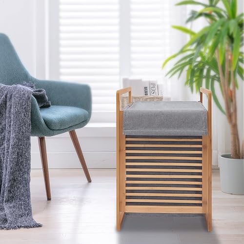 Miniatura 7 de Estante organizador de una sección con marco de bambú y cestas de almacenamiento, cesta de toalla de lavandería, gabinete de torre de una parte de