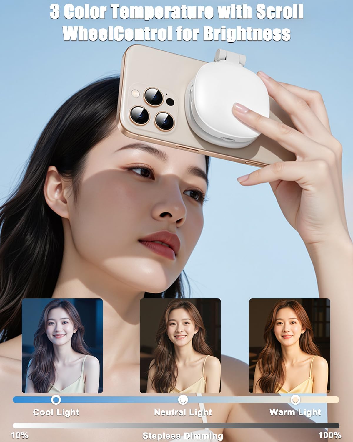 Magnetic Selfie Light, Foldable LED Ring Fill Light Compatible with iPhone, Android, Rechargeable Portable Phone Light with Mirror for Selfies, Vlog, Makeup, Photography (White)