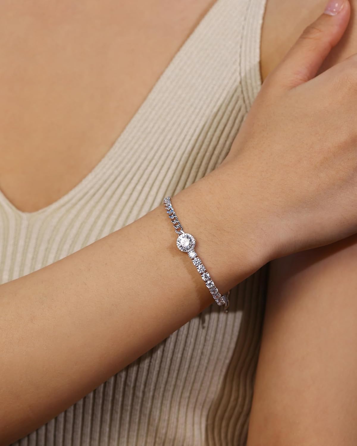 FANCIME Sterling Silver Curb Chain Tennis Bracelets for Women Halo Round Cubic Zirconia Bracelet Fine Jewelry Birthday Gifts for Women Her, Size: 7.87"