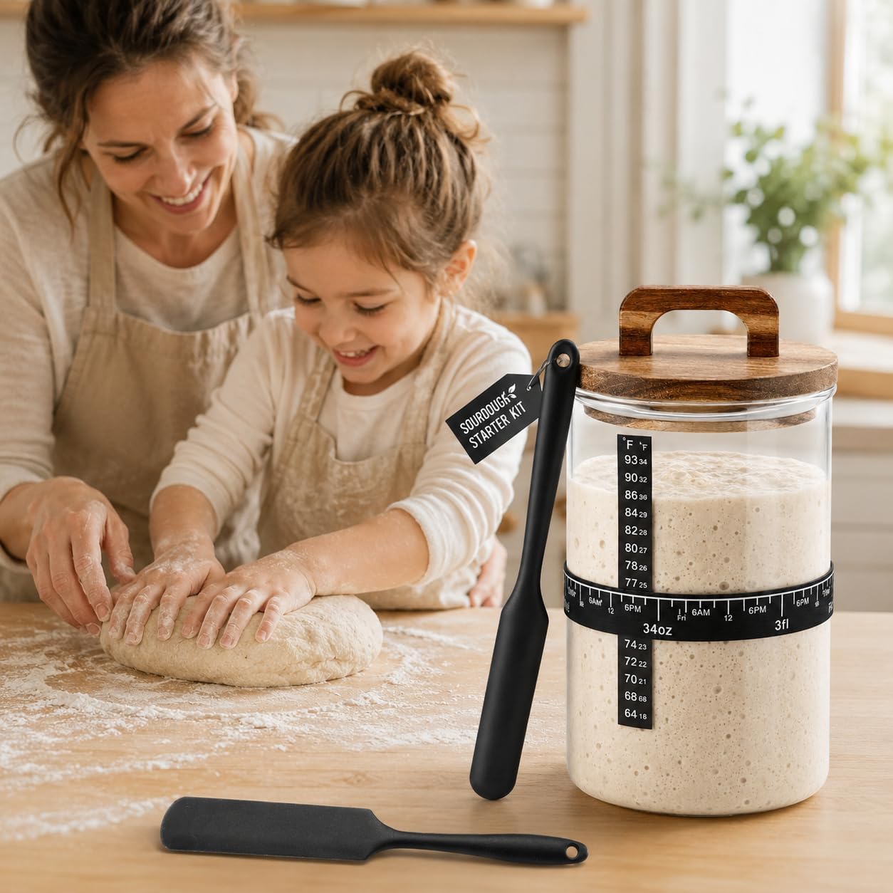 Sourdough Starter 35 Oz Jar,Glass Sourdough Bread Baking Supplies with Wooden Handle Lid,Sour Dough Bread Starter Jar Kit,Date Marked Feeding Band,Thermometer,Silicone Scraper,Sewn Cloth Cover