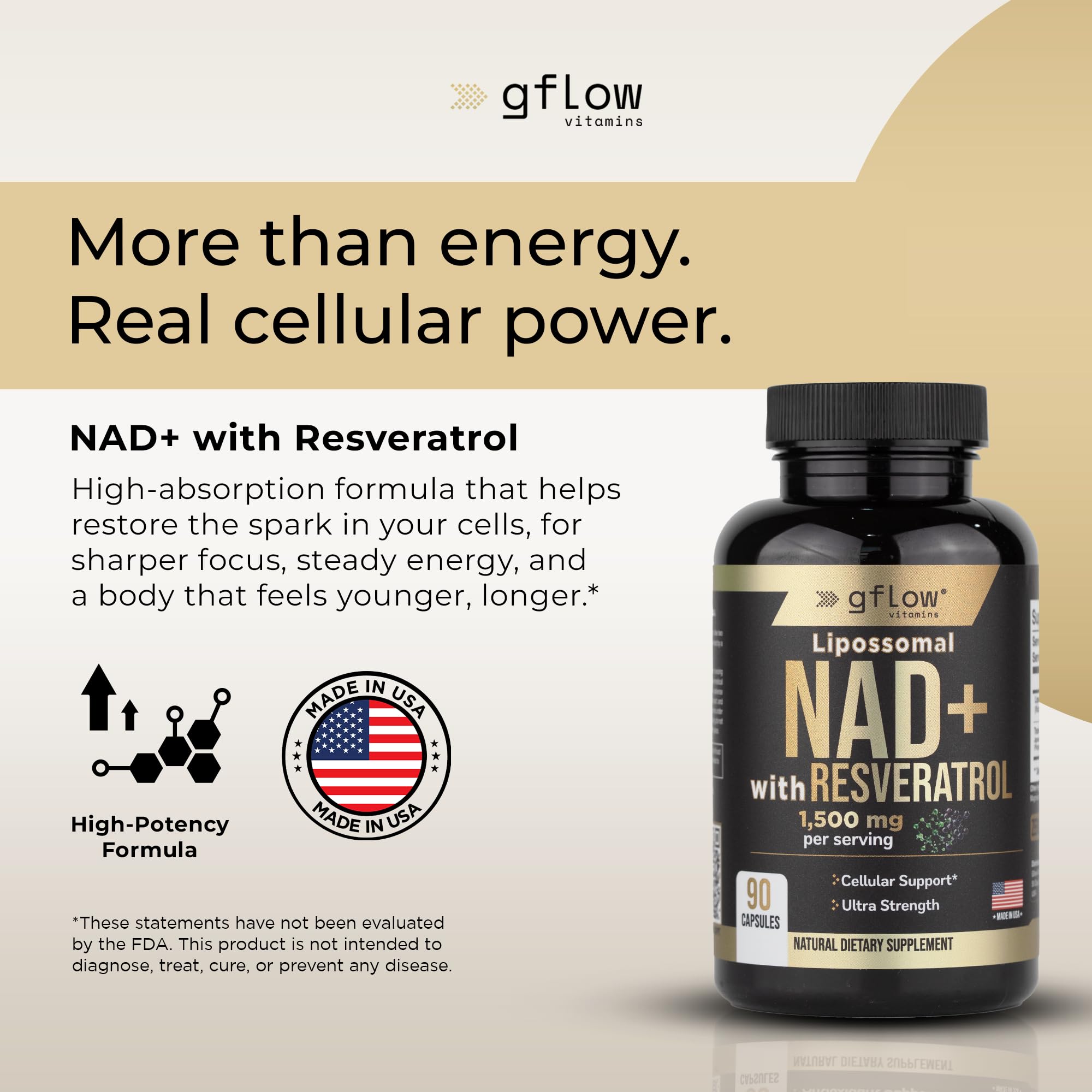 gflow vitamins NAD+ Supplement (Nicotinamide Adenine Dinucleotide) with Resveratrol as 98% Pure Trans-resveratrol | Antioxidant Anti-Aging Supplement Made in the USA — Amazon image 2