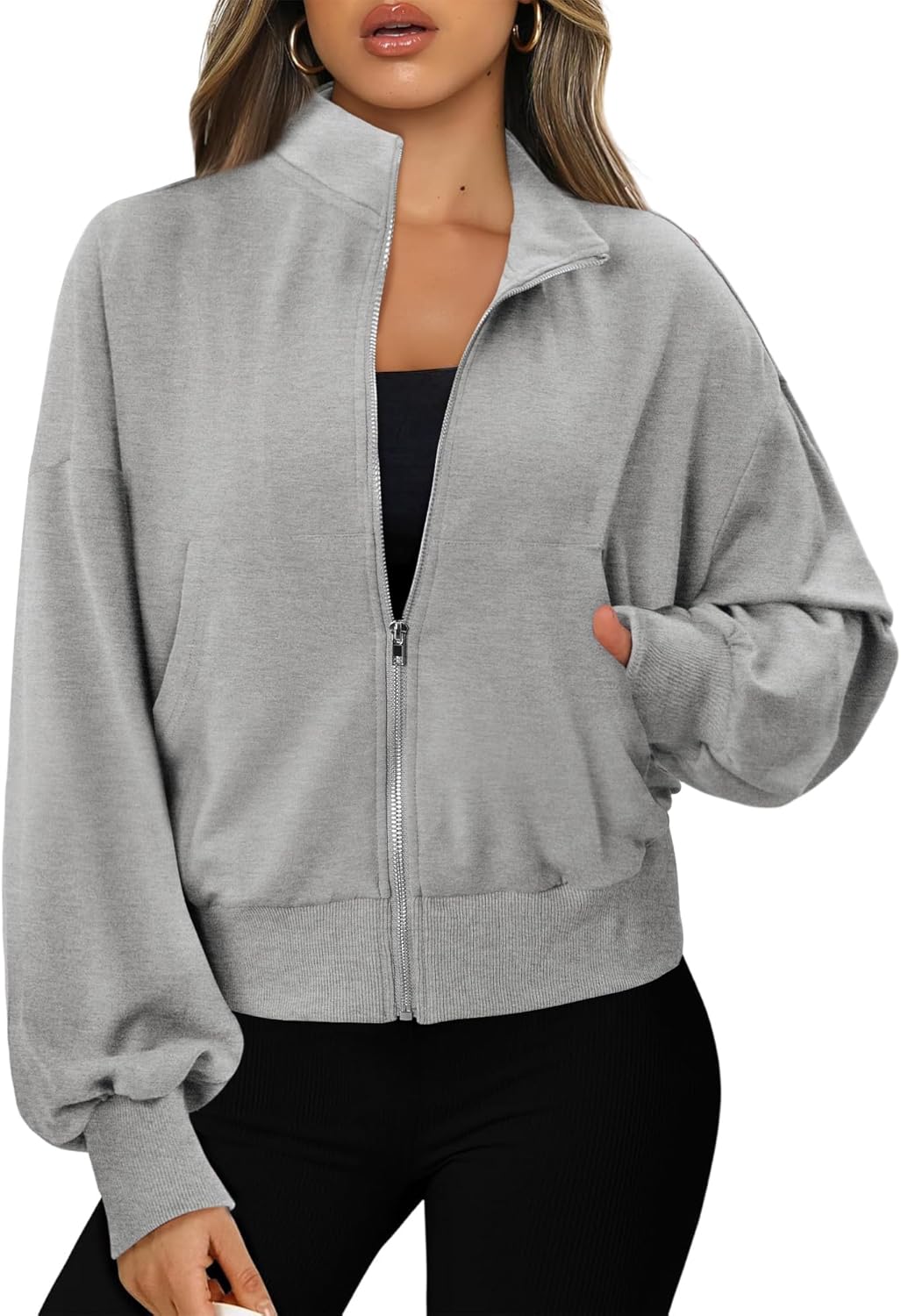 CRAZY GRID Womens Fashion Full Zip Up Jacket Comfy Long Sleeve Cropped Gym Top Solid Color Outfits with Pockets - Image 2