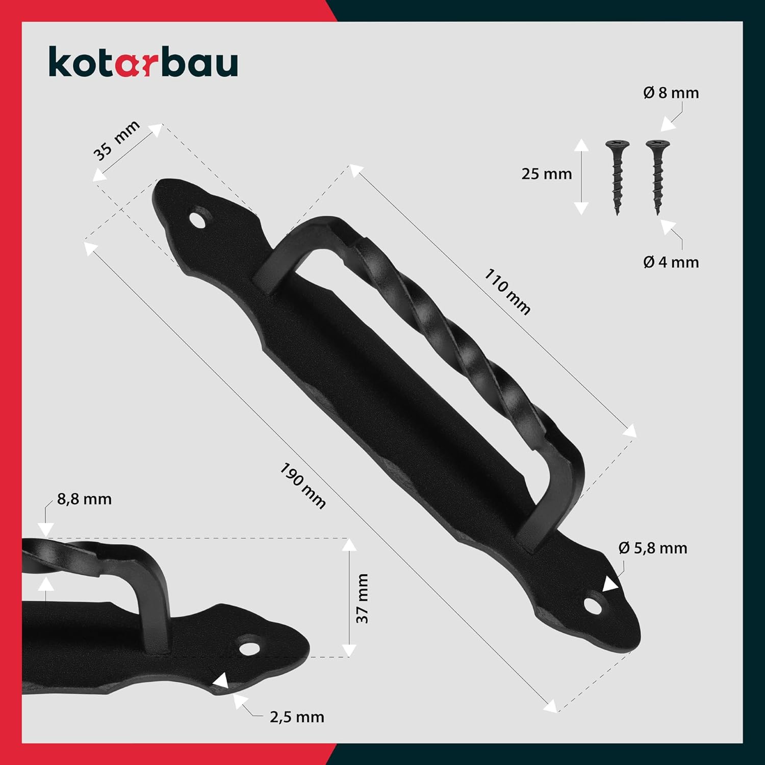 KOTARBAU® Door Handle 190 mm Wrought Iron Handle Black Door Handle Steel Door Pull Handle Door Fitting Sliding Door Furniture Handle