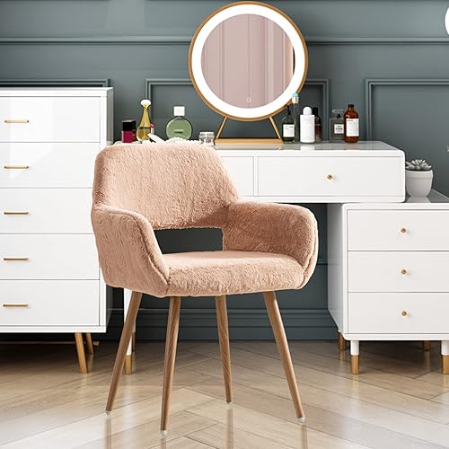 Goujxcy Elegante silla de escritorio Camel Flurry para niñas y mujeres, moderna silla de tocador de piel sintética con reposabrazos, cómoda silla de