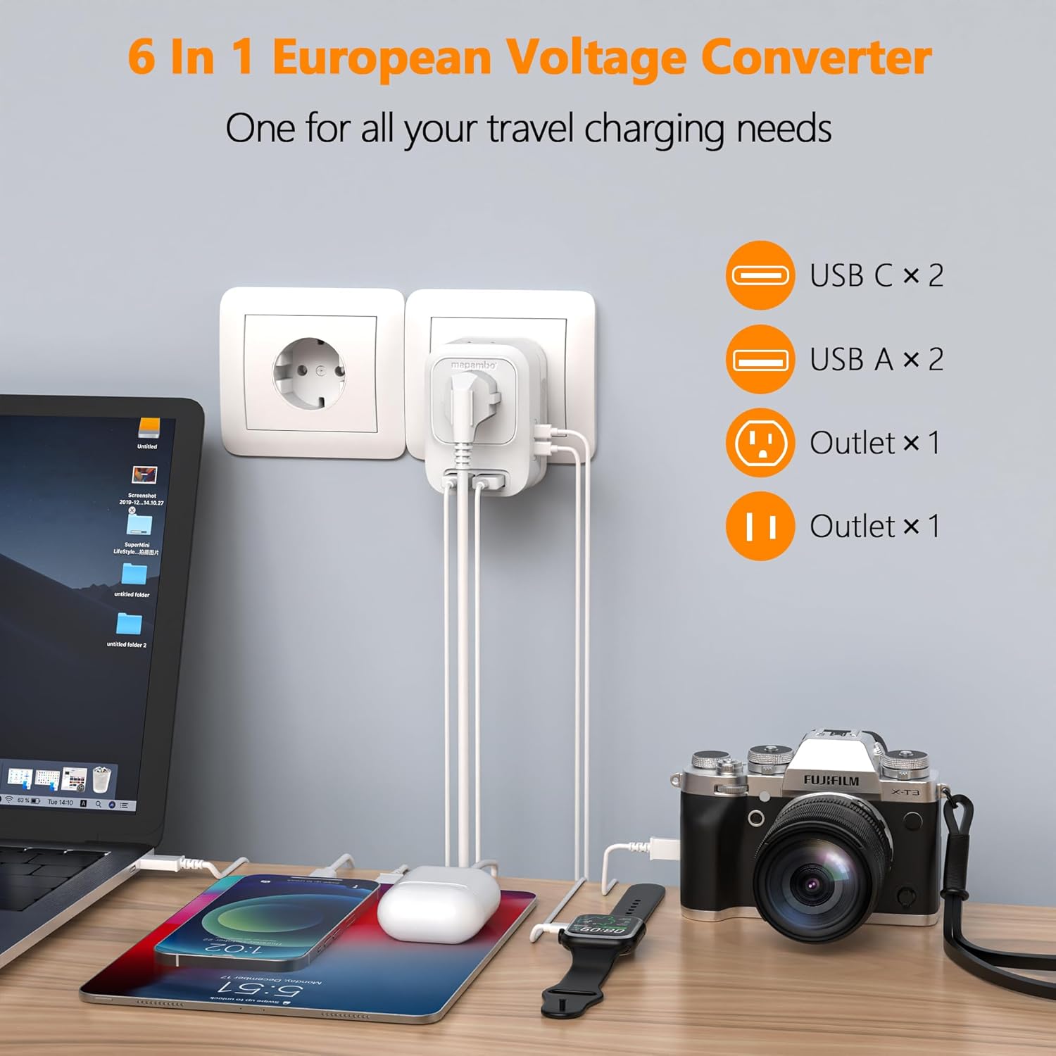 Mapambo Voltage Converter US to Europe Travel: International Universal Travel Adapter with Fast Charging 2 USB-A 2 USB-C Port Worldwide Power Converters Plug Combo for Spain Italy