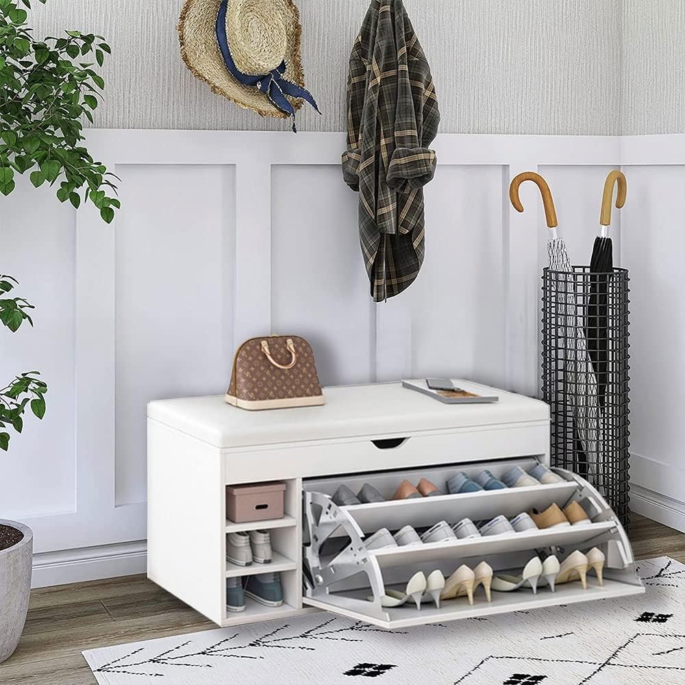 Schuhregal mit 3 Fchern und Kissen Sitz fr Flur Aufbewahrung - Weie  Schuhbank Organizer fr Wohnzimmer Lounge - Selbstmontage Schuhaufbewahrung  Mbel : Amazon.de: Kche, Haushalt & Wohnen