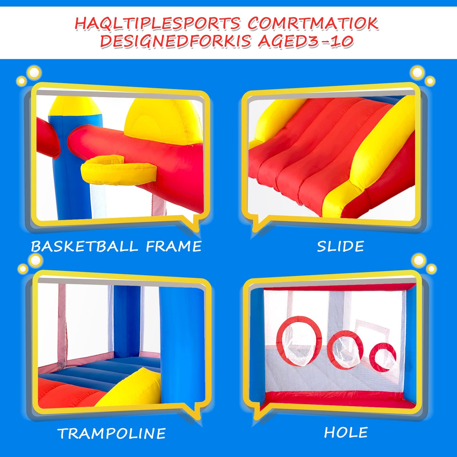 Ballsea Hüpfburg mit Gebläse, Genäht aus Extra Dickem Material, langlebig, für 3 bis 4 Kinder. Hüpfburg Kinder Indoor (315x245x194cm)