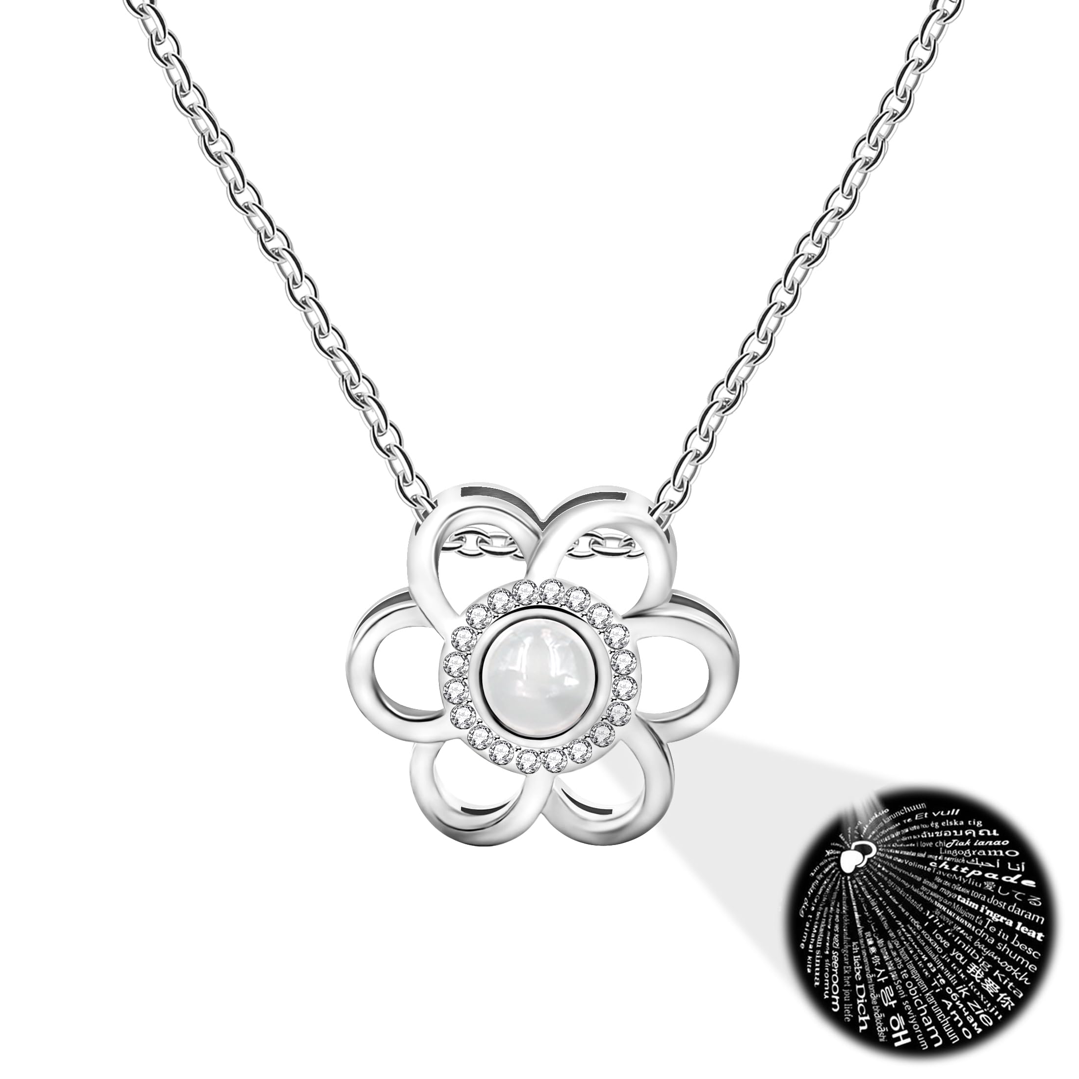 Oneress 100 Languages I Love You Necklace Inlaid Round Cubic Zirconia Flower Design Projection Pendant Necklace Cute Birthday Gifts for Women