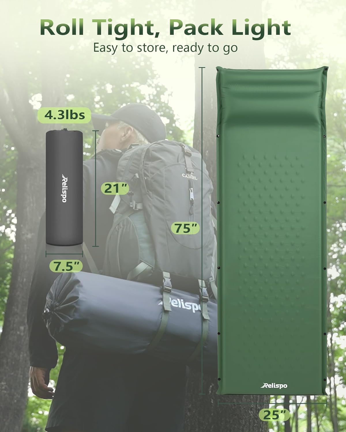 Self-Inflating Sleeping Pad, Built-in Pillow Camping Sleeping Pad with 30D High-Density Foam, 8R-Value 4-Season Sleeping Mat, Portable Lightweight Camping Mat for Backpacking Hiking Travel