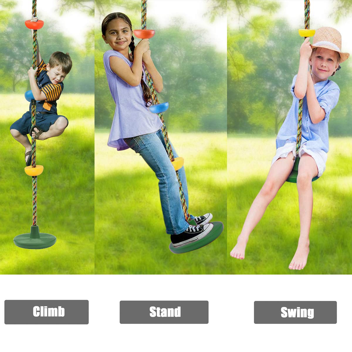 Balançoire Extérieure 2m Corde D'Escalade Enfant – Siège Disque + Plateforme, Charge Max 100 Kg, Jeu 2 En 1 Balançoire & Escalade