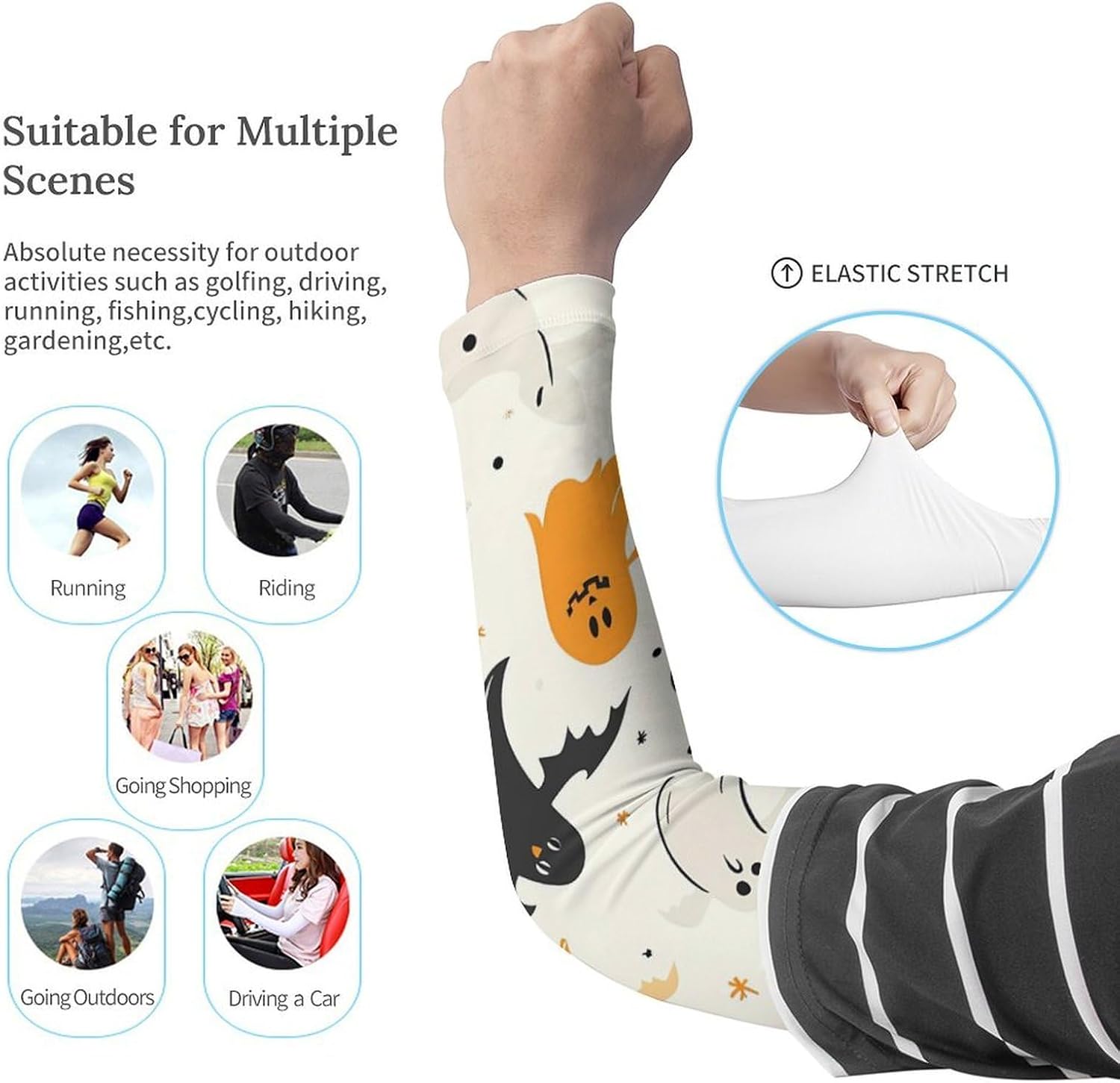 Halloween Ghosts Cats Bats Arm Sleeves Cooling Sun Protection Sports Compression for Golf Basketball