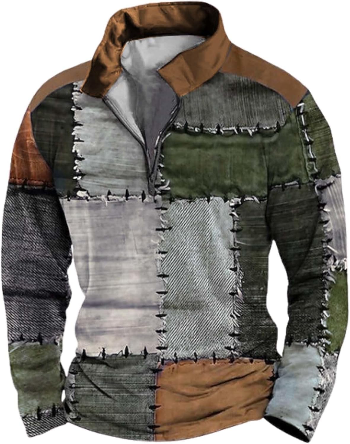 Mens Retro Large Size Long Sleeve Shirt Fashion Zipper Pullover Plaid Patchwork Str...