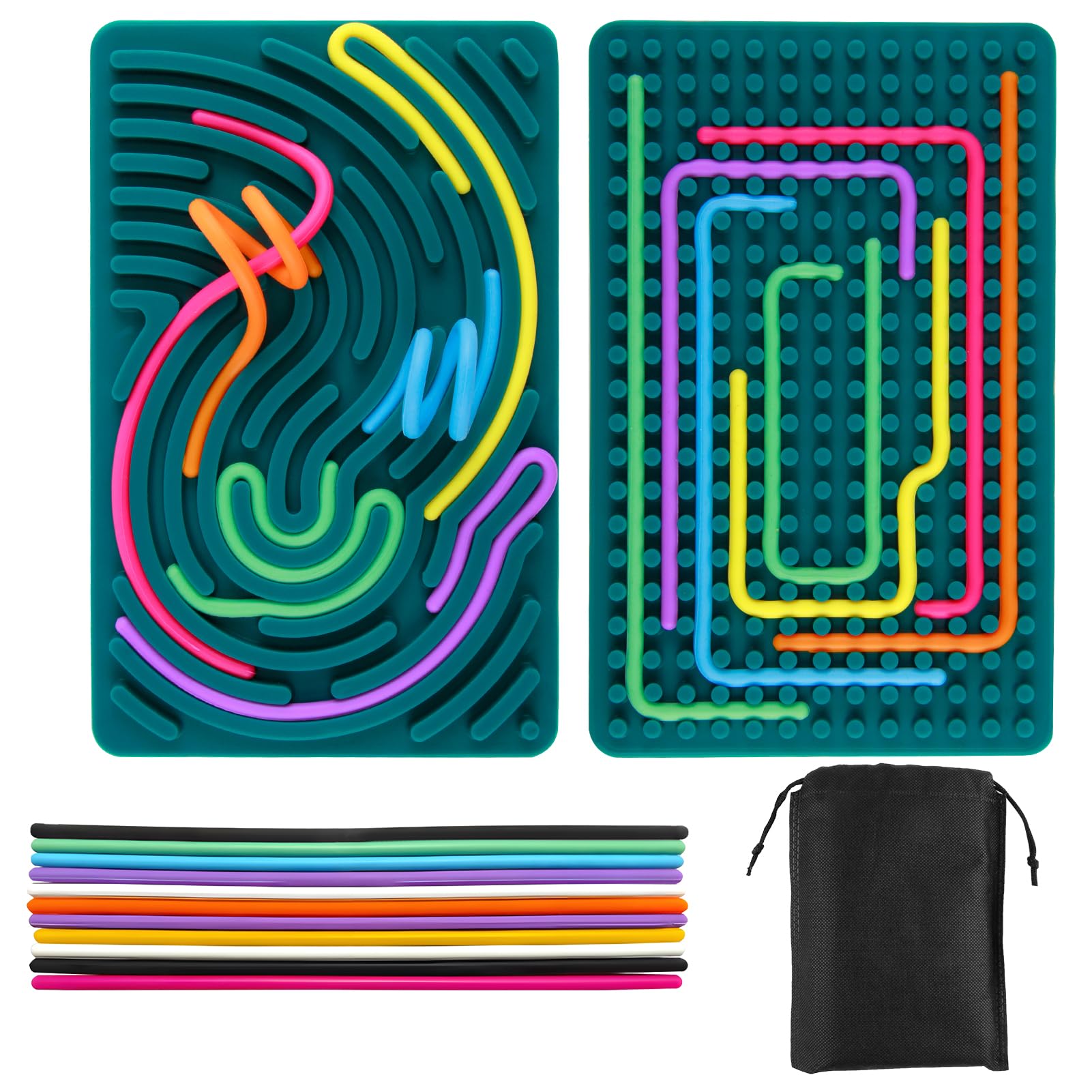 Sensory Activity Board Silicone Fidget Toys for Calming Anxiety Stress ADHD Autism Early Development with 20 Silicone Strings and Storage Bag Learning Boards Sensory for Plane Silent Travel Fidgets