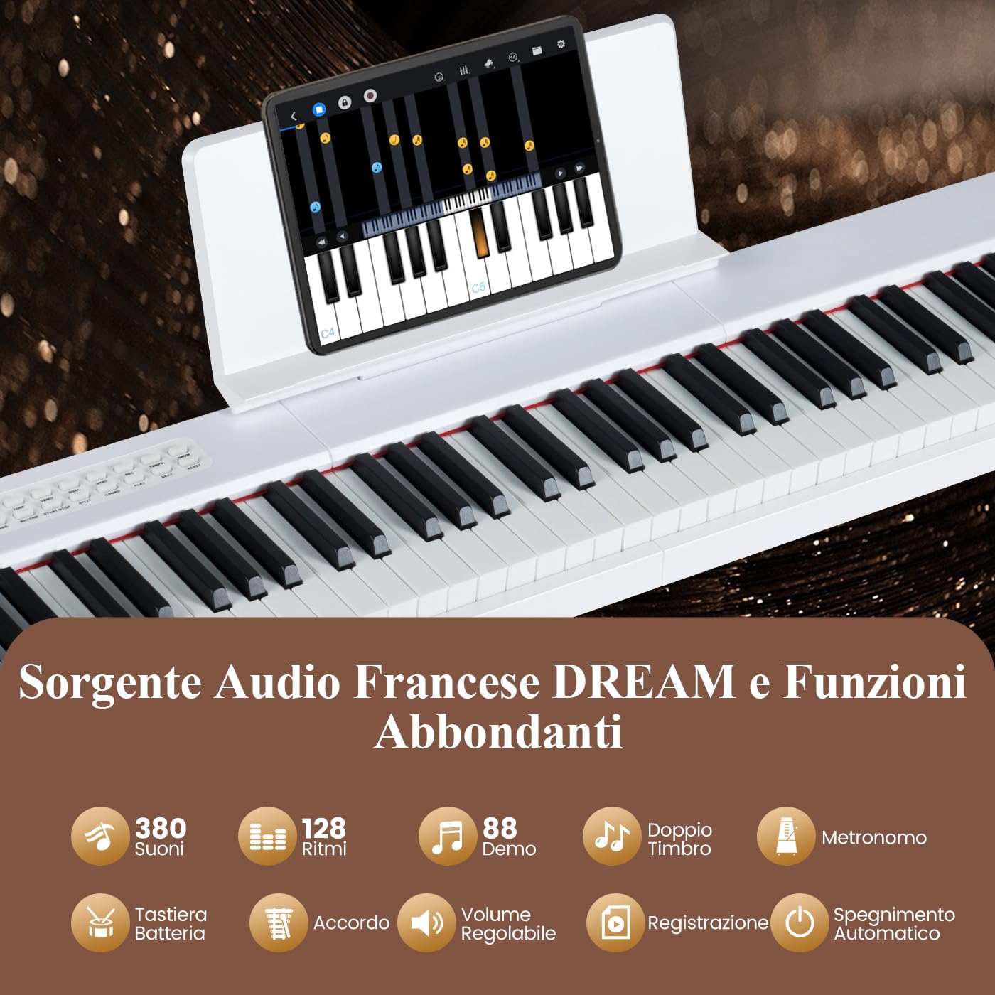 COSTWAY Pianoforte Digitale a 88 Tasti, Tastiera Elettrica per Principianti con 380 Timbri, 128 Ritmi e 88 Demo, Pianola Tastiera Portatile e Leggera con Borsa da Trasporto (Bianco)