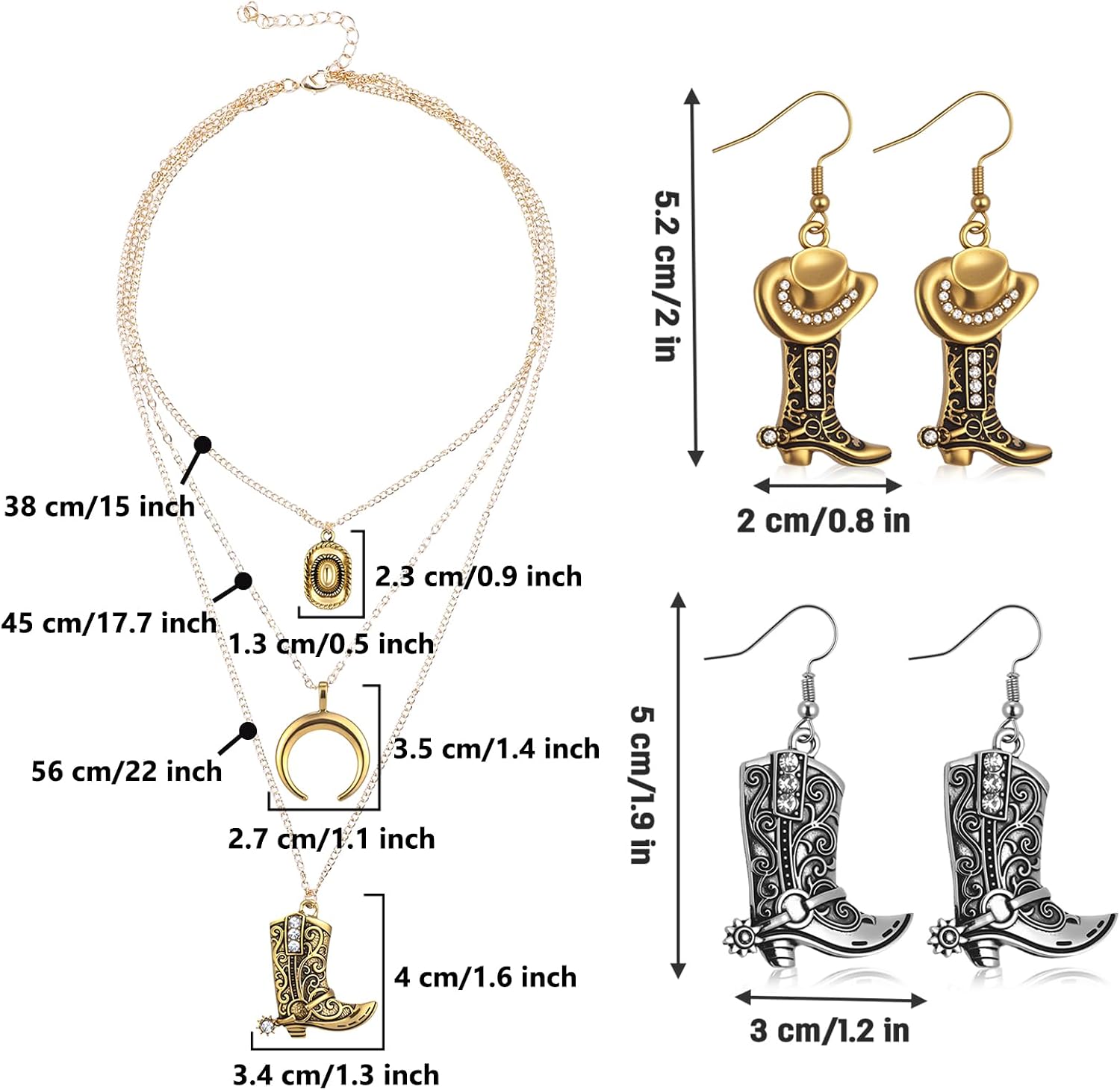 4 pcs Western Cowgirl Earrings and Necklace Set for Women Bohemian Cowboy Boot Dangle Jewelry Gold & Silver Tone Lightweight Western Accessories
