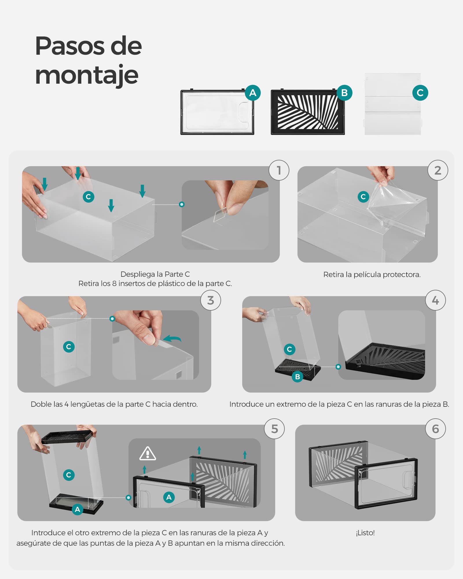 SONGMICS Cajas para Zapatos Transparentes, 18 Cajas de Zapatos, Robusta, Organizadores Plegables, Talla 44, Apilables, para Exponer Zapatillas, Tacones Altos, Transparente y Negro LSP106B18