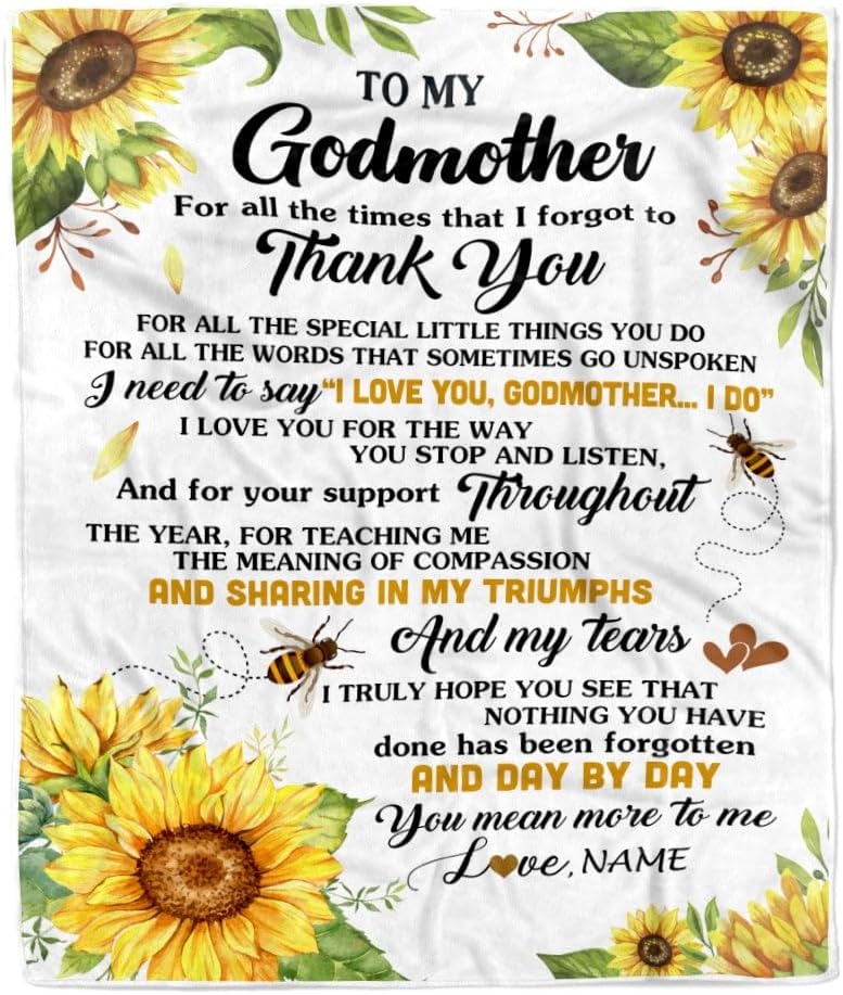 Personalized to My Godmother Blanket from Niece Nephew Sunflower Thank You I Love You Aunt Birthday Mothers Day Christmas Customized Gift Fleece Blanket (50 x 60 in Youth Size)