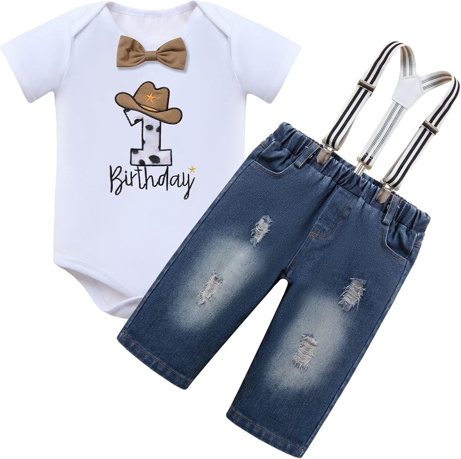 Baby Boy First Birthday Clothes Set Bowtie Romper+Suspenders Ripped Denim Pants Outfits 1st Birthday Cake Smash Outfit